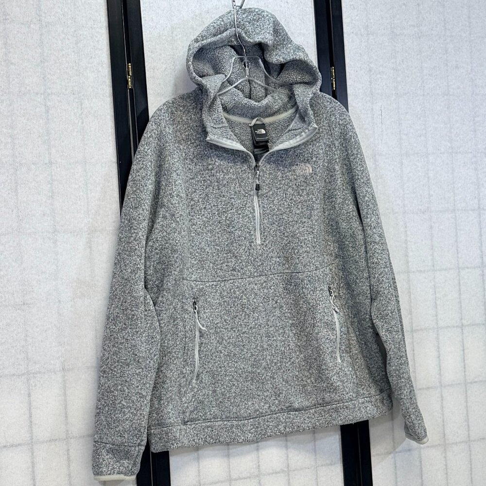 North Face XL Hooded Half Zip Pouch Pocket Fleece Interior Jacket Grey Marled - Picture 3 of 13